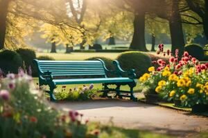 a green bench sits in a park surrounded by flowers. AI-Generated photo