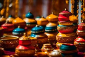 colorful pots and bowls are displayed on a table. AI-Generated photo