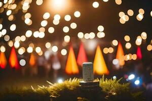 un micrófono es sentado en un Navidad árbol en frente de un multitud. generado por ai foto