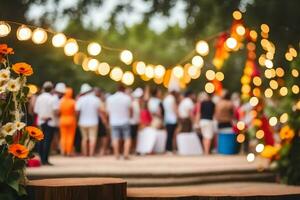 un grupo de personas en pie alrededor un etapa con luces. generado por ai foto