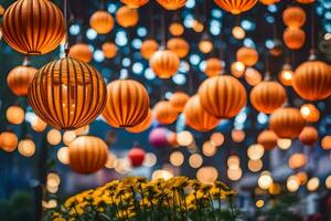 many orange lanterns hanging from the trees. AI-Generated photo