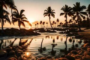 palm trees reflect the sun at sunset on a beach. AI-Generated photo