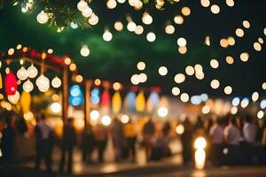 people are walking in the street at night with lights. AI-Generated photo