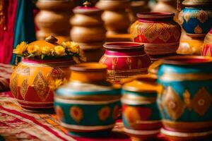 colorful pots and vases on a table with a flower arrangement. AI-Generated photo