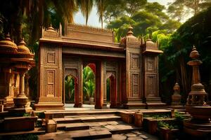 an ornate gate in the middle of a jungle. AI-Generated photo