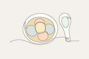 Colourful illustration of a bowl of tangyuan and a spoon beside it vector