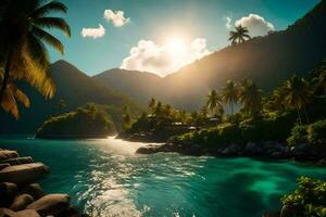 the sun shines over a tropical island with palm trees. AI-Generated photo