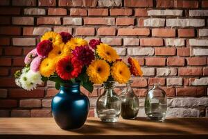 ramo de flores de flores en un mesa en frente de un ladrillo pared. generado por ai foto
