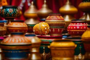 many colorful pots and vases are on display. AI-Generated photo