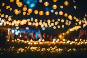 un campo de flores y luces a noche. generado por ai foto