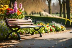 a park bench with flowers in the background. AI-Generated photo