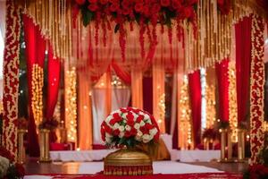 un rojo y oro Boda ceremonia con flores y decoraciones generado por ai foto