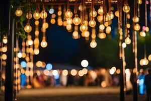 a wedding ceremony with lights hanging from the ceiling. AI-Generated photo