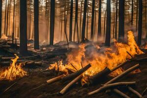 a forest fire in the middle of a forest. AI-Generated photo