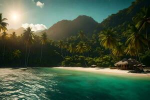 a tropical beach with palm trees and a hut. AI-Generated photo