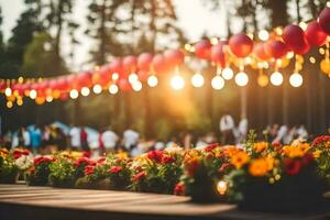 a wooden table with flowers and lanterns. AI-Generated photo