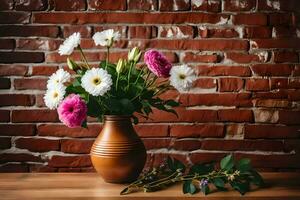 un florero con flores en un mesa en frente de un ladrillo pared. generado por ai foto