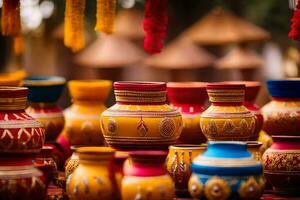 colorful vases are displayed in a shop. AI-Generated photo