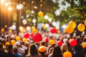 many people are standing in a crowd with paper lanterns. AI-Generated photo