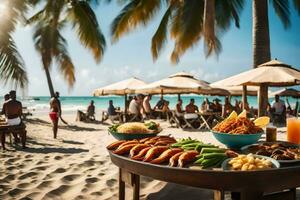 a table with food on it on the beach. AI-Generated photo