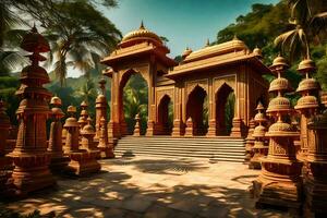 an ornate temple in the middle of a forest. AI-Generated photo