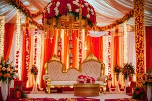 a wedding stage decorated with red and gold decorations. AI-Generated photo