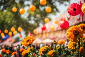 orange flowers and lanterns in a field. AI-Generated photo