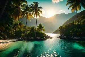 tropical beach with palm trees and mountains. AI-Generated photo