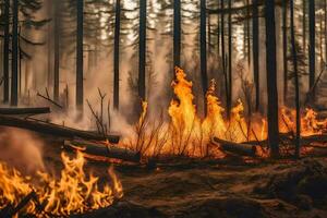 a forest fire in the middle of a forest. AI-Generated photo