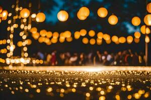 un Boda recepción con un montón de luces y gente. generado por ai foto