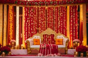 an indian wedding stage decorated with red and gold decorations. AI-Generated photo
