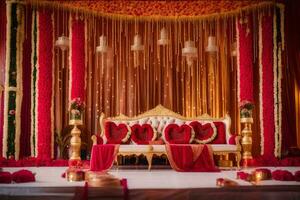 an indian wedding stage with red and gold decorations. AI-Generated photo