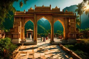 el dorado portón de el templo en el montañas. generado por ai foto