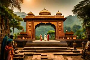 un templo en India con personas en pie en frente de él. generado por ai foto