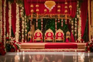 an indian wedding ceremony with red and gold decorations. AI-Generated photo