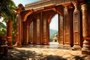 an ornate wooden door with a view of the mountains. AI-Generated photo