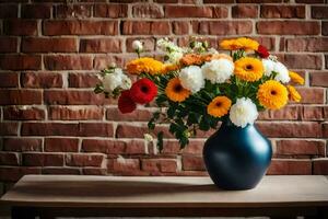 a vase of flowers on a table in front of a brick wall. AI-Generated photo