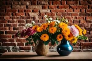 two vases of flowers sit on a table in front of a brick wall. AI-Generated photo