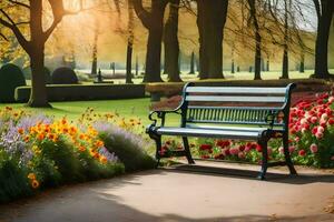 un banco en un parque con flores y arboles generado por ai foto