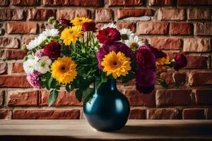 a vase of flowers on a table in front of a brick wall. AI-Generated photo