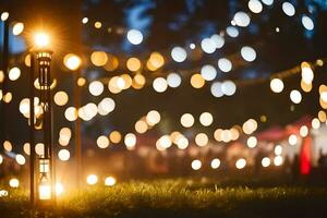 a lighted lamp in the grass with a crowd of people. AI-Generated photo