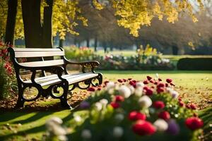 a park bench in the middle of a field with flowers. AI-Generated photo