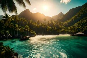 tropical island with palm trees and water. AI-Generated photo