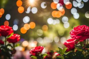 rojo rosas en el jardín con bokeh luces. generado por ai foto