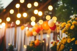 yellow and orange balloons and flowers in a garden. AI-Generated photo