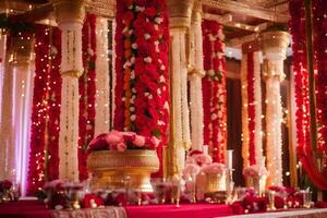 a wedding reception with red and gold decorations. AI-Generated photo