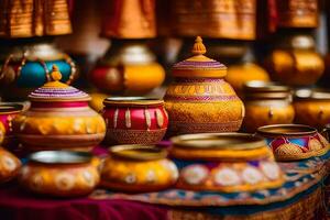 colorful pots and bowls are on display in a shop. AI-Generated photo