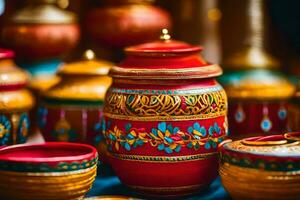 colorful pots and vases are displayed on a table. AI-Generated photo