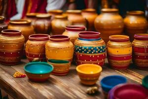 colorful pots and bowls on a table. AI-Generated photo