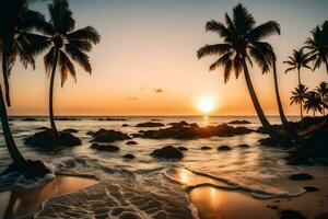 the sun sets over the ocean and the waves crash into the shore. AI-Generated photo